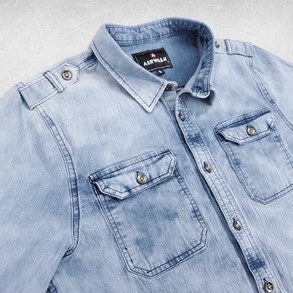 Chambray Shirt Mns S Blue Light Acid Wash Long Sleeve Button Up Slim Skater 90s - Picture 2 of 10